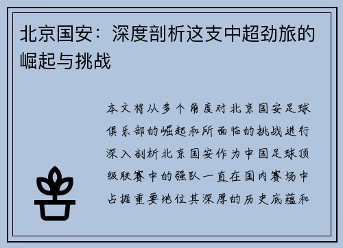 北京国安：深度剖析这支中超劲旅的崛起与挑战